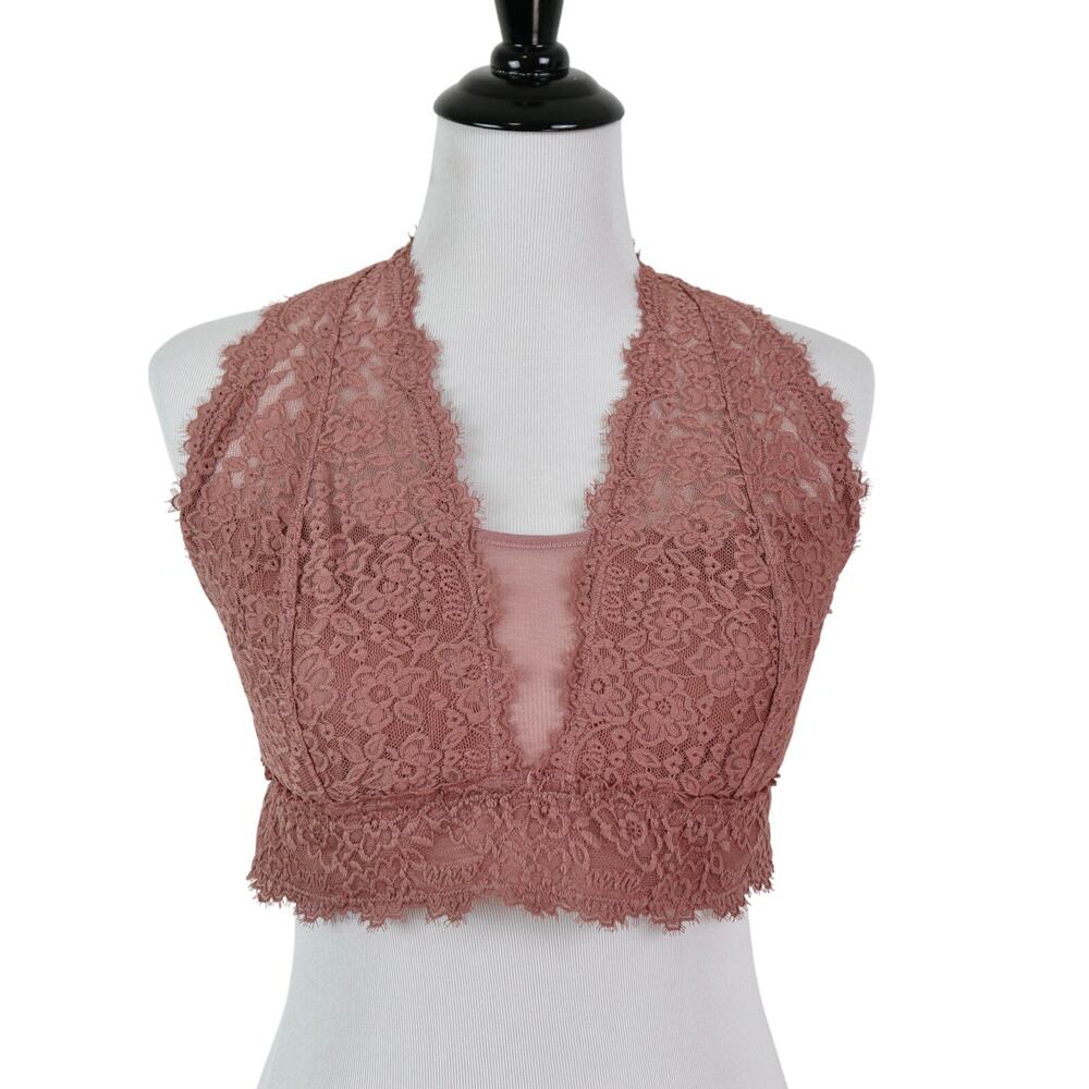 Aerie Size XL Eyelash Lace Lightly Padded Plunge Bralette Dusty Pink - Picture 4 of 10